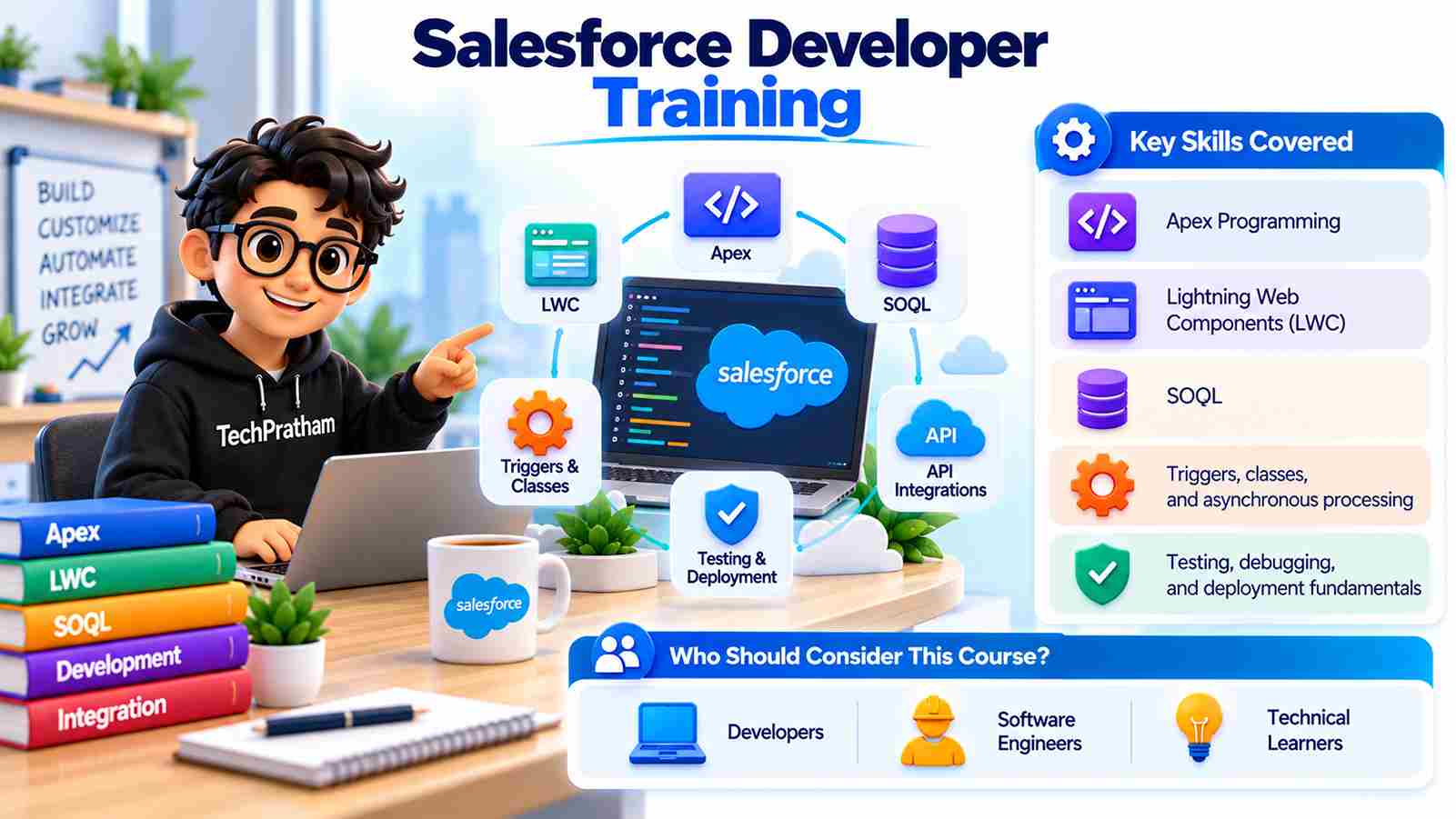 Salesforce Developer Training with Apex, Lightning Web Components (LWC), SOQL, API integrations, triggers, testing, debugging, and deployment skills.